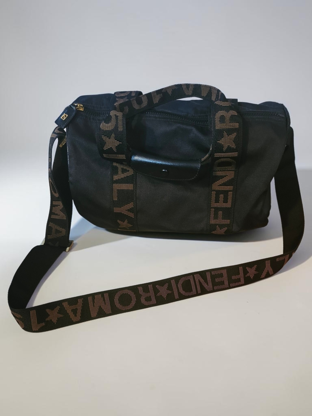 Fendi Black Duffel with Brown Branded Webbing Strap